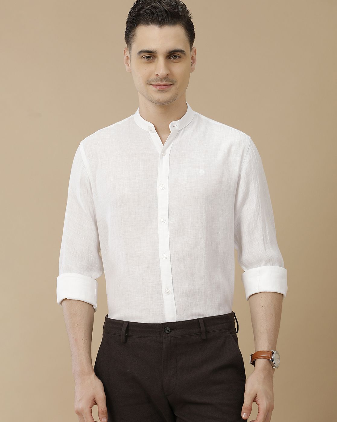 Men's Pure Linen White Solid Contemporary Fit Full Sleeve Casual Shirt