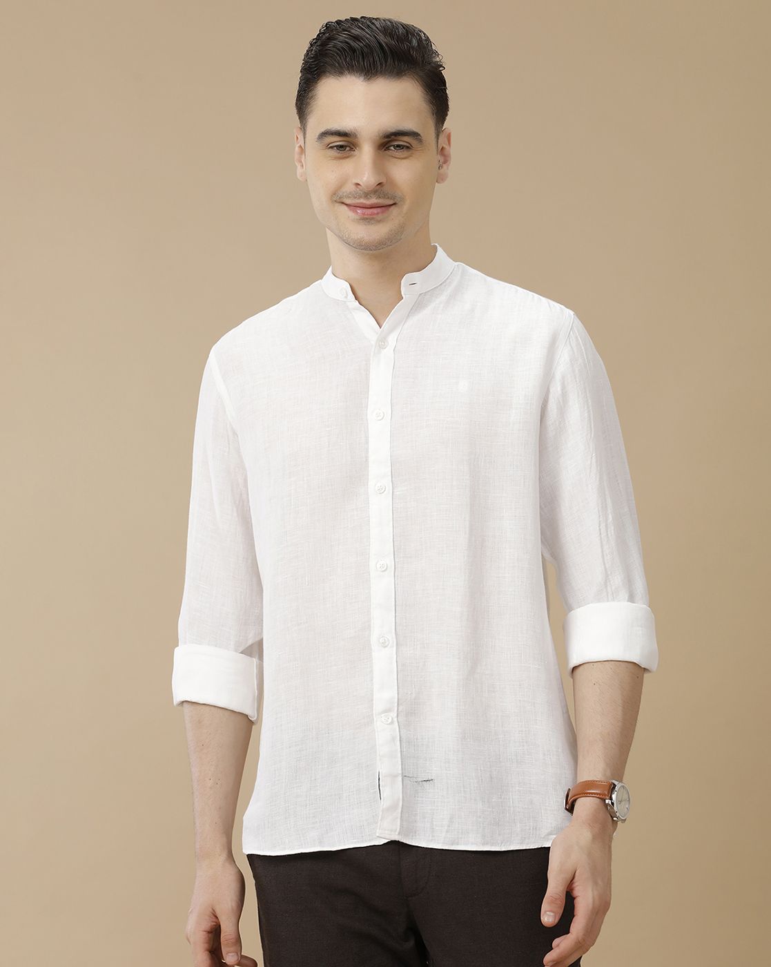 Men's Pure Linen White Solid Contemporary Fit Full Sleeve Casual Shirt