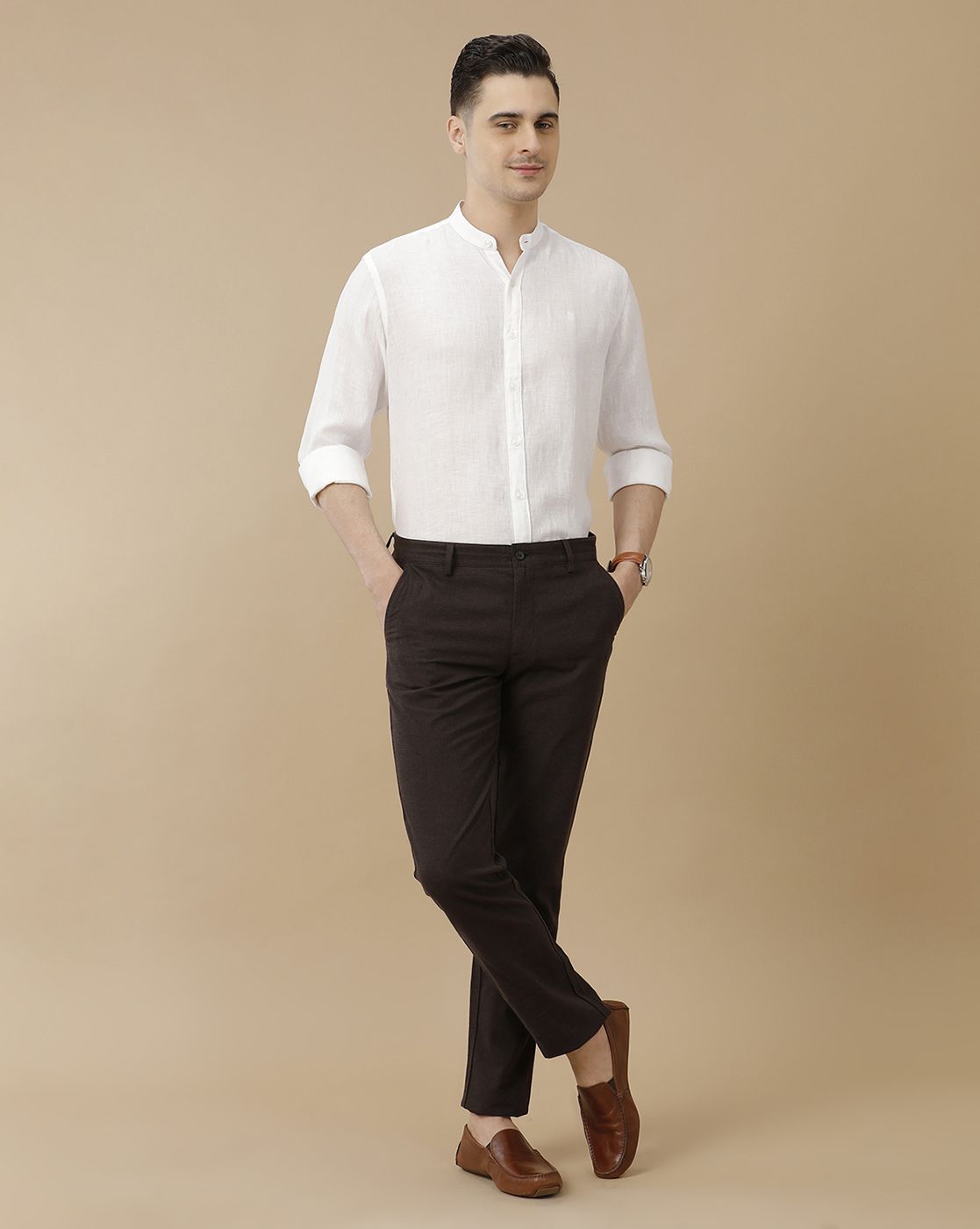 Men's Pure Linen White Solid Contemporary Fit Full Sleeve Casual Shirt