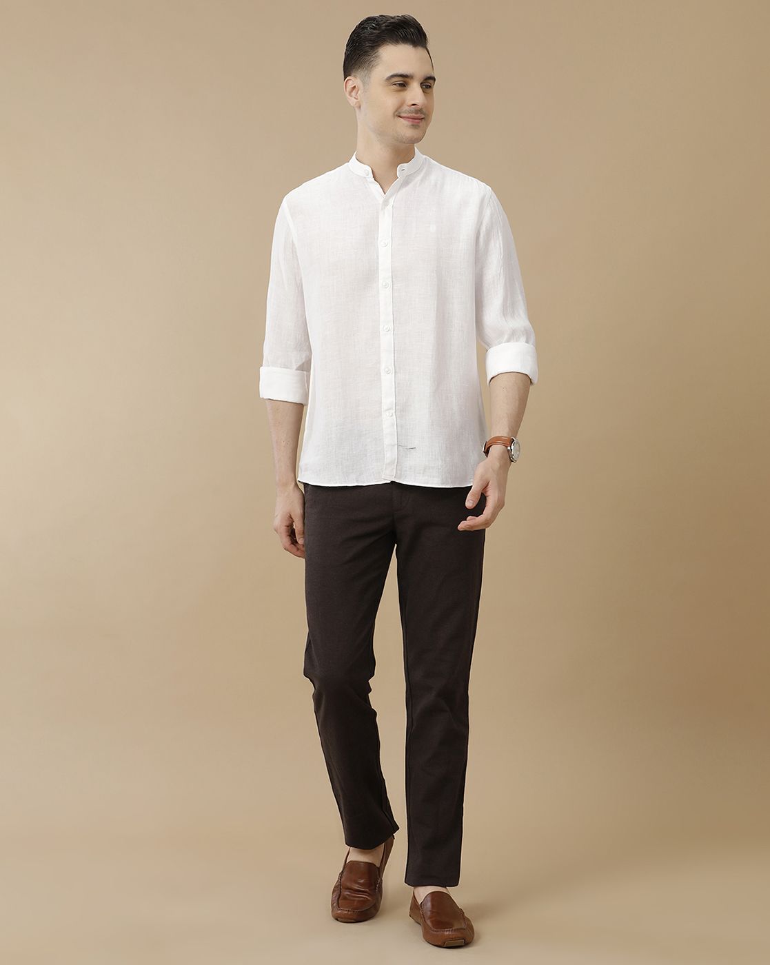 Men's Pure Linen White Solid Contemporary Fit Full Sleeve Casual Shirt