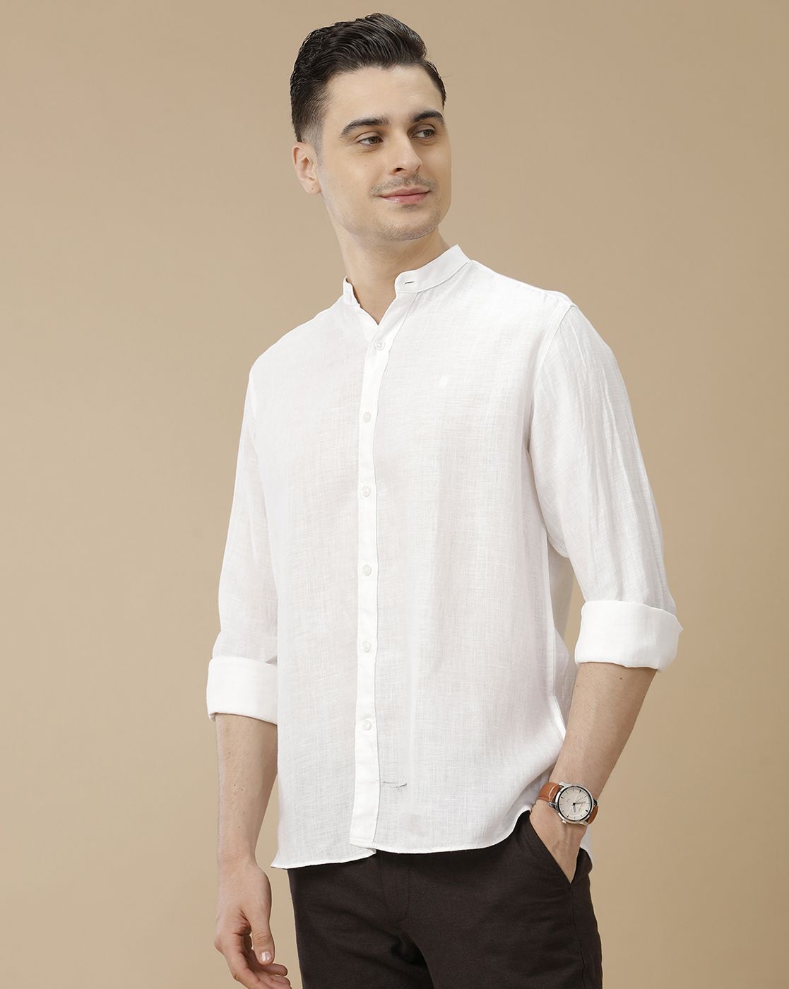 Men's Pure Linen White Solid Contemporary Fit Full Sleeve Casual Shirt