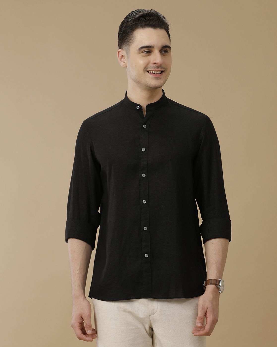 Men's Pure Linen Black Solid Contemporary Fit Full Sleeve Casual Shirt