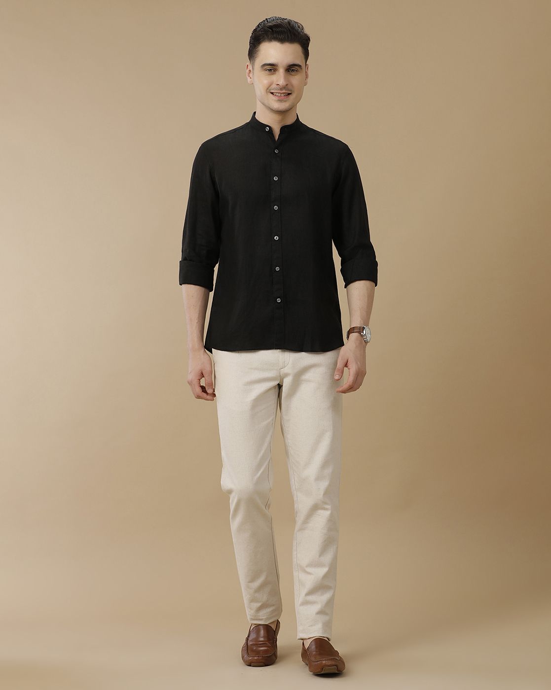 Men's Pure Linen Black Solid Contemporary Fit Full Sleeve Casual Shirt