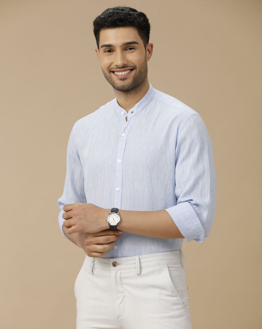 Men's Pure Linen Blue Solid Contemporary Fit Full Sleeve Casual Shirt