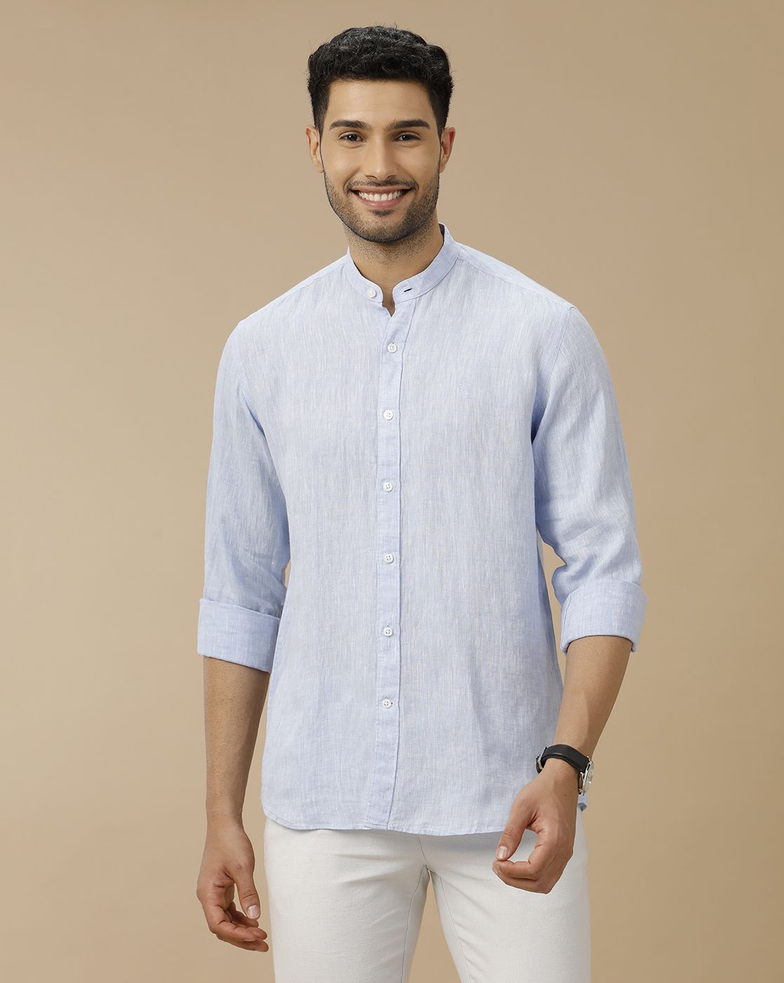 Men's Pure Linen Blue Solid Contemporary Fit Full Sleeve Casual Shirt