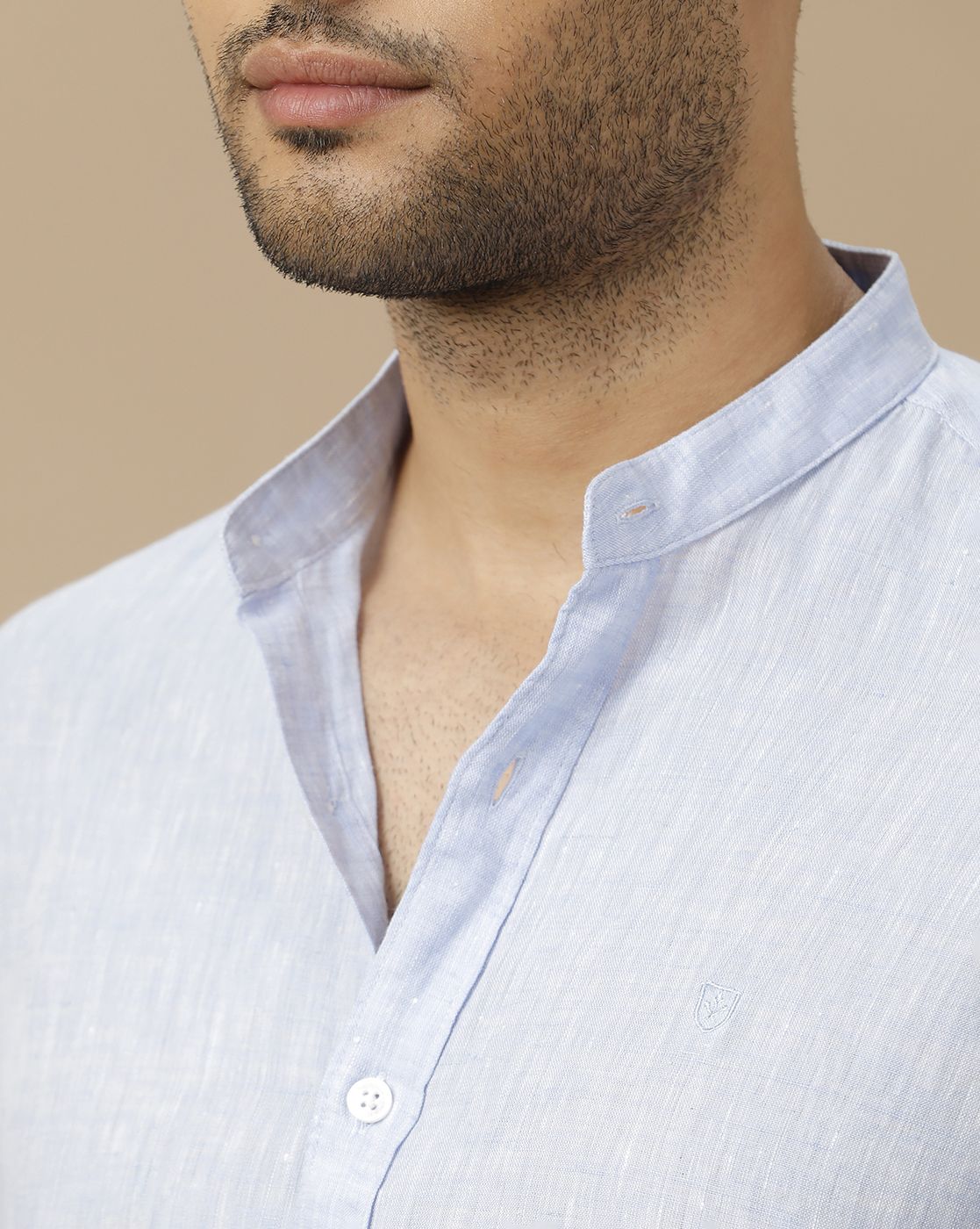 Men's Pure Linen Blue Solid Contemporary Fit Full Sleeve Casual Shirt