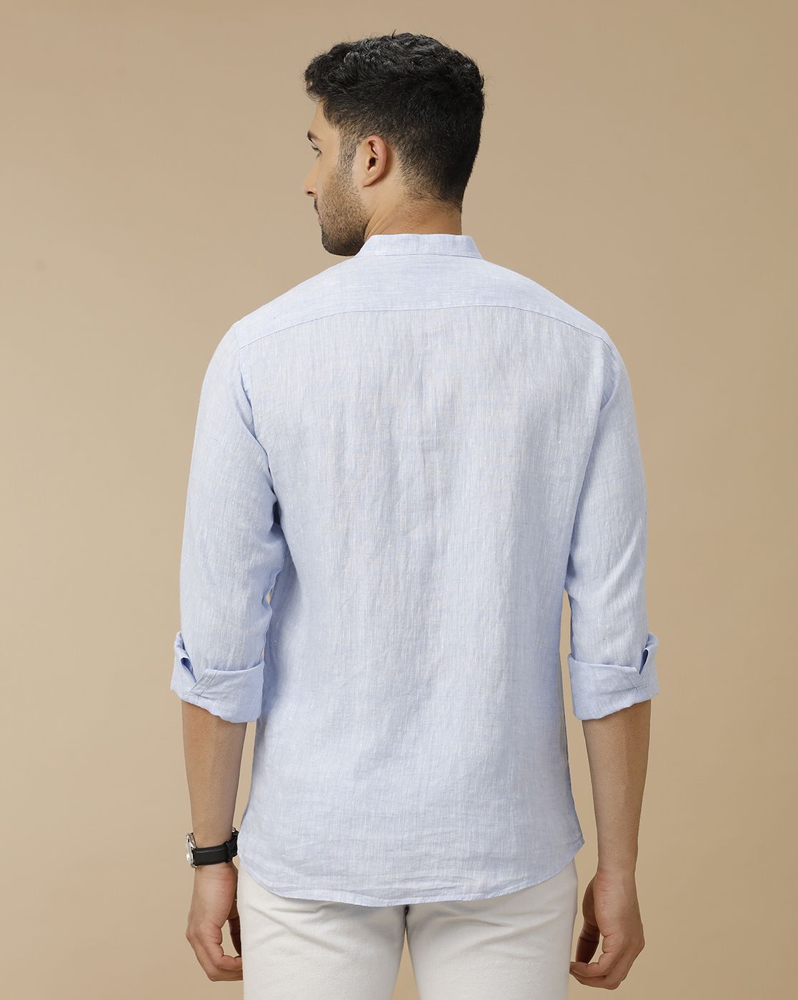 Men's Pure Linen Blue Solid Contemporary Fit Full Sleeve Casual Shirt