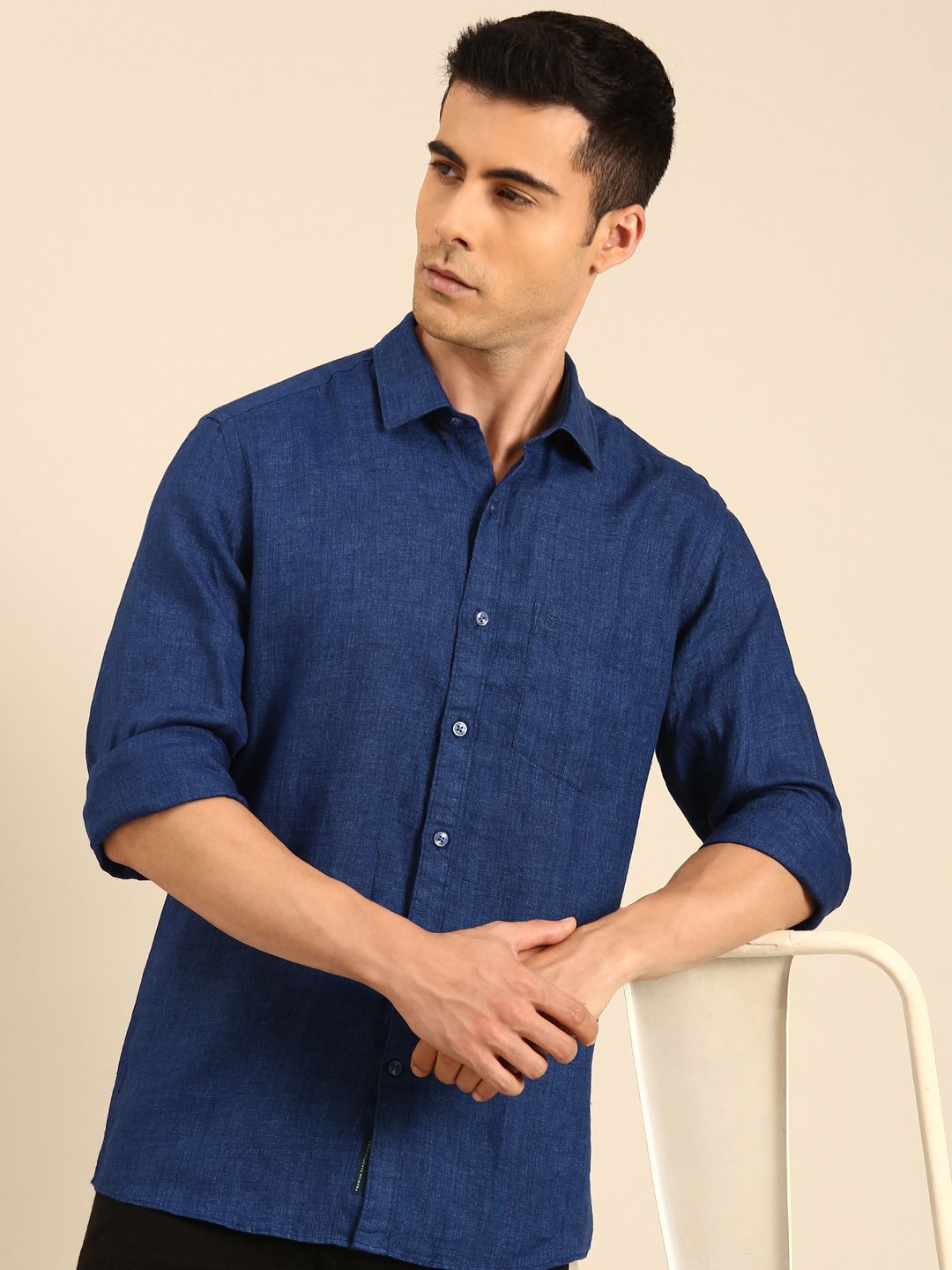 Linen Club Men's Linen Blend Navy Solid Contemporary Fit Full Sleeves Casual Shirt