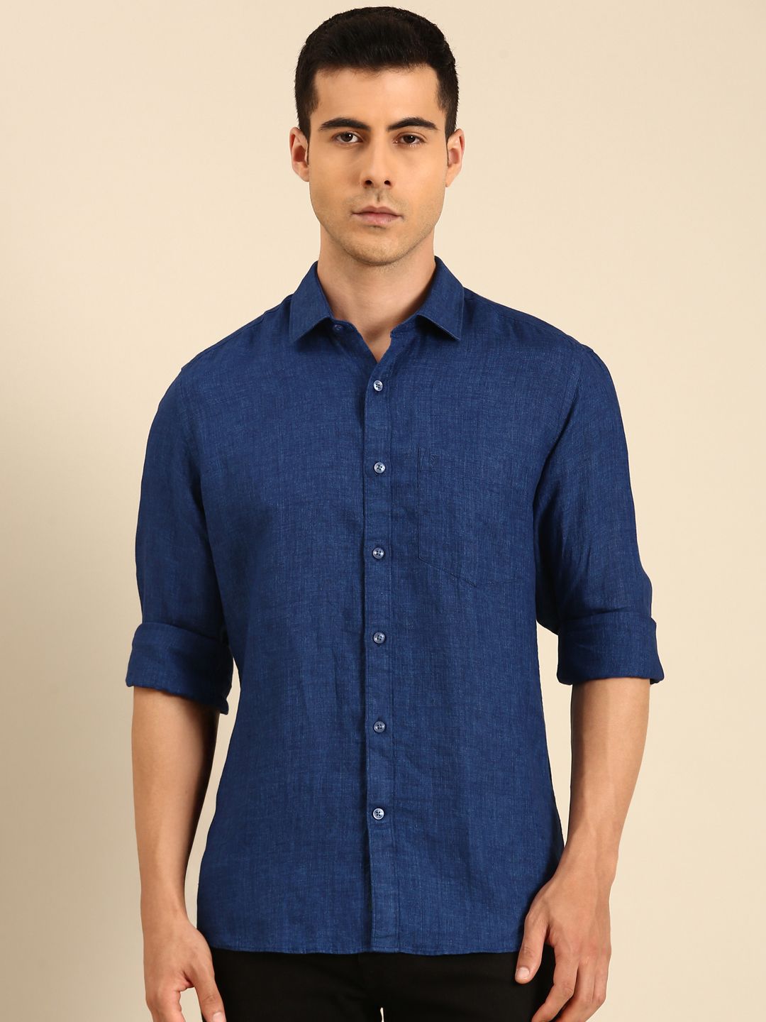 Linen Club Men's Linen Blend Navy Solid Contemporary Fit Full Sleeves Casual Shirt