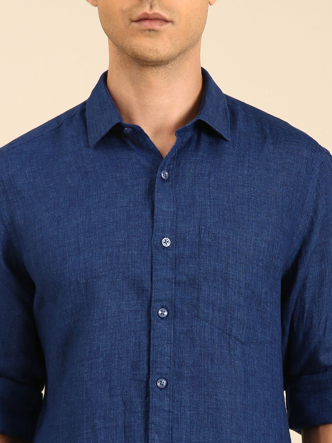 Linen Club Men's Linen Blend Navy Solid Contemporary Fit Full Sleeves Casual Shirt