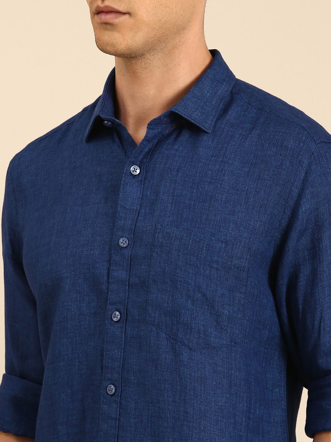 Linen Club Men's Linen Blend Navy Solid Contemporary Fit Full Sleeves Casual Shirt