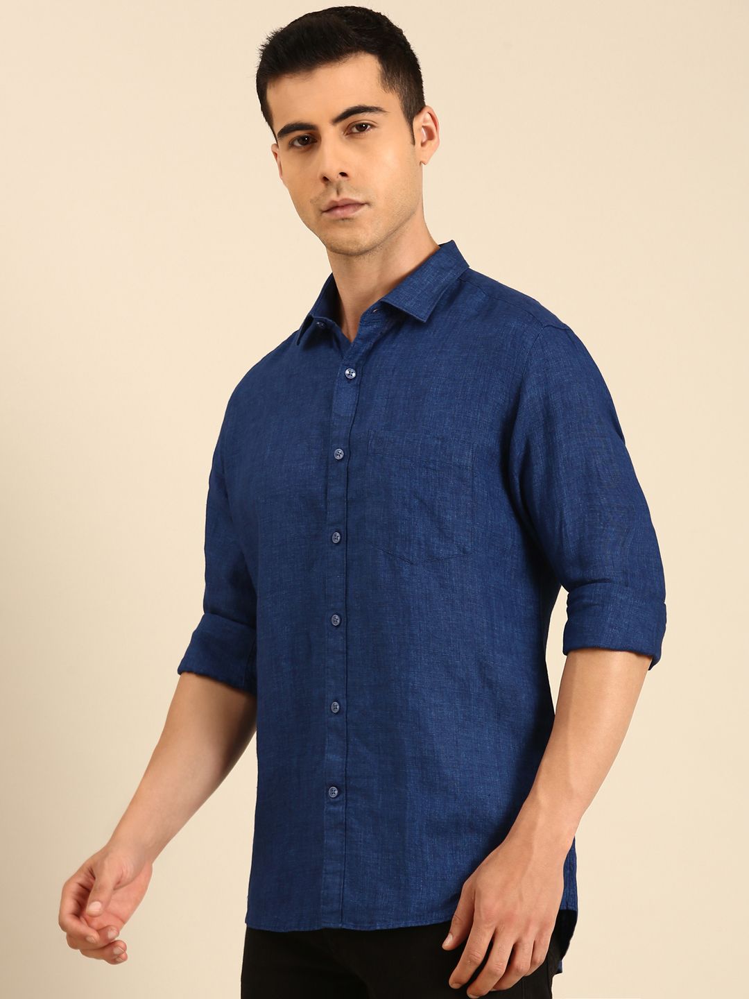 Linen Club Men's Linen Blend Navy Solid Contemporary Fit Full Sleeves Casual Shirt