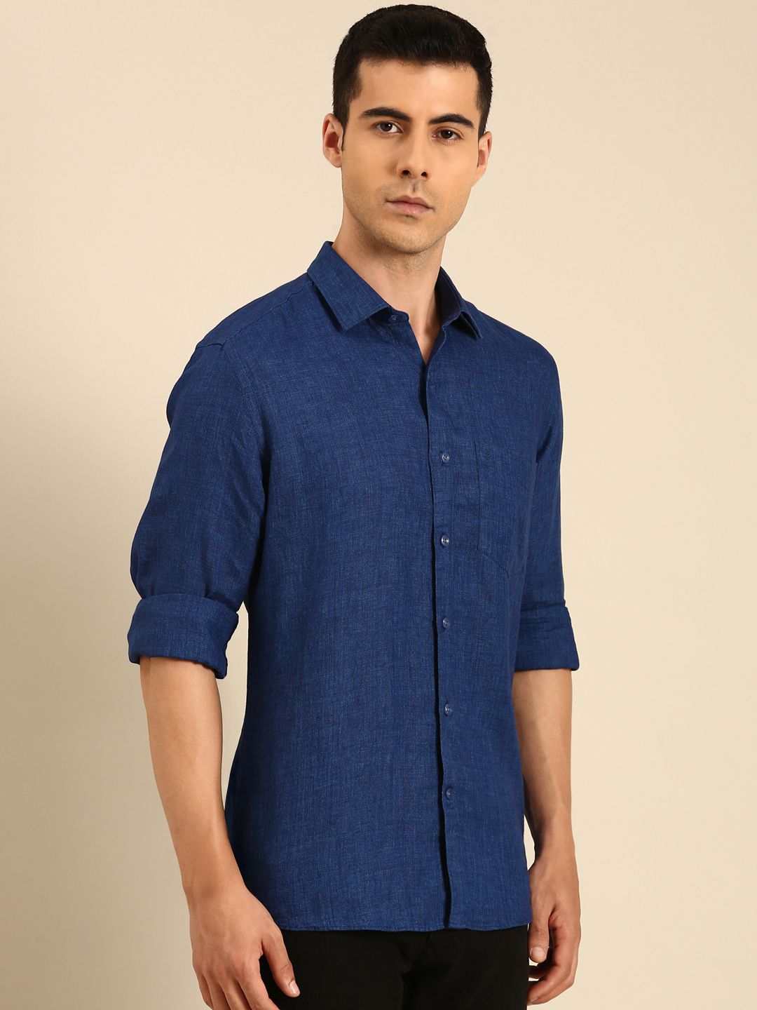 Linen Club Men's Linen Blend Navy Solid Contemporary Fit Full Sleeves Casual Shirt