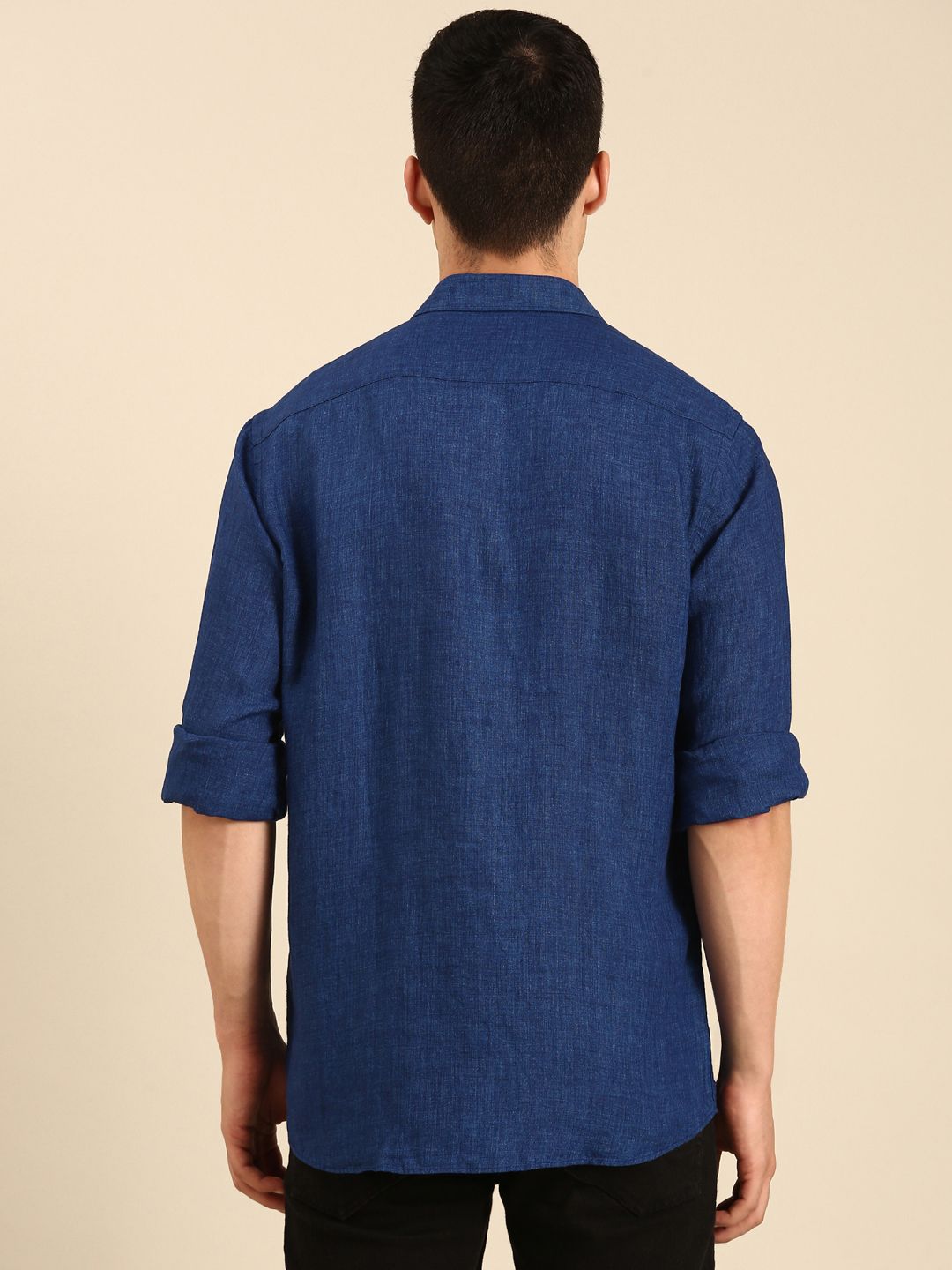 Linen Club Men's Linen Blend Navy Solid Contemporary Fit Full Sleeves Casual Shirt