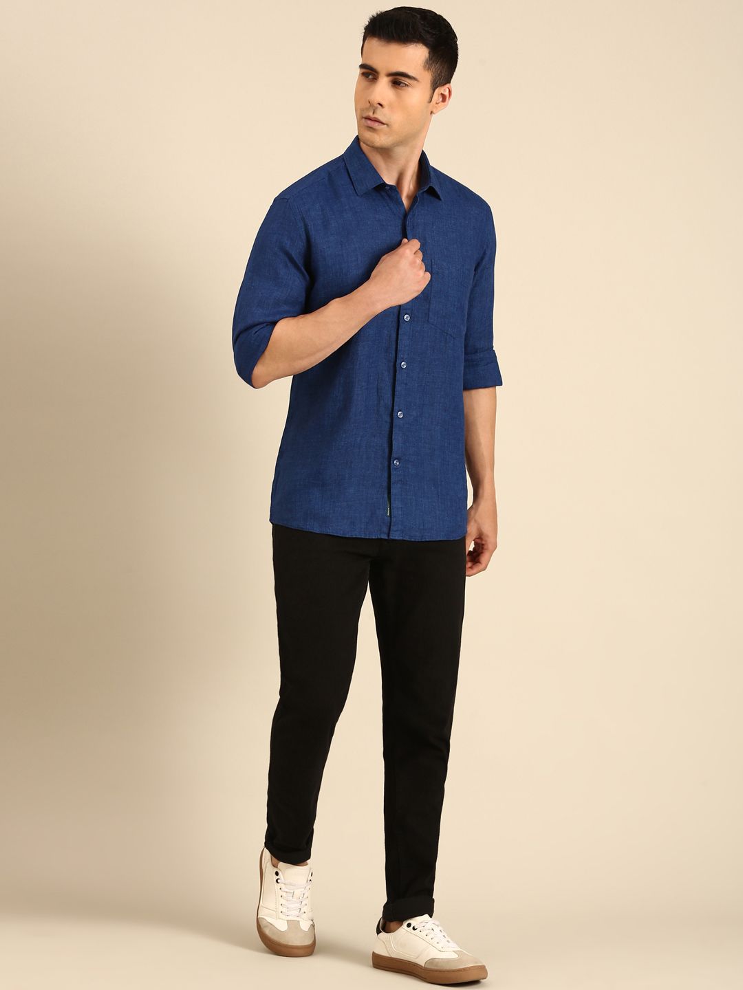 Linen Club Men's Linen Blend Navy Solid Contemporary Fit Full Sleeves Casual Shirt