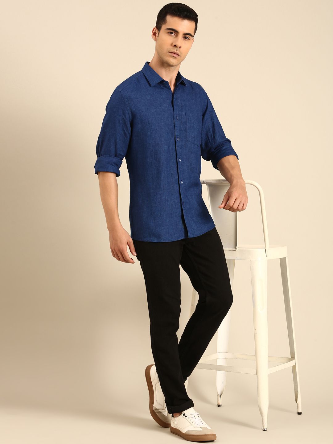 Linen Club Men's Linen Blend Navy Solid Contemporary Fit Full Sleeves Casual Shirt