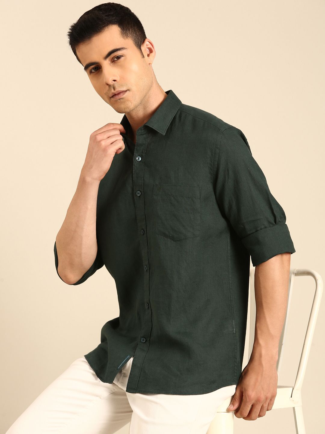 Linen Club Men's Linen Blend Green Solid Contemporary Fit Full Sleeves Casual Shirt