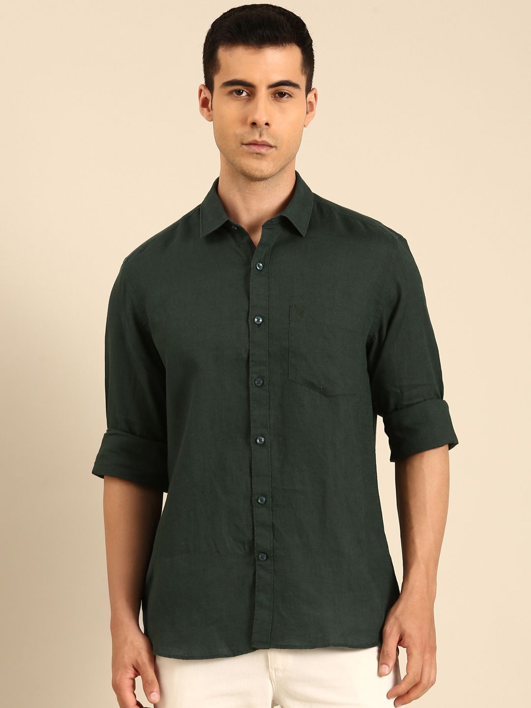 Linen Club Men's Linen Blend Green Solid Contemporary Fit Full Sleeves Casual Shirt