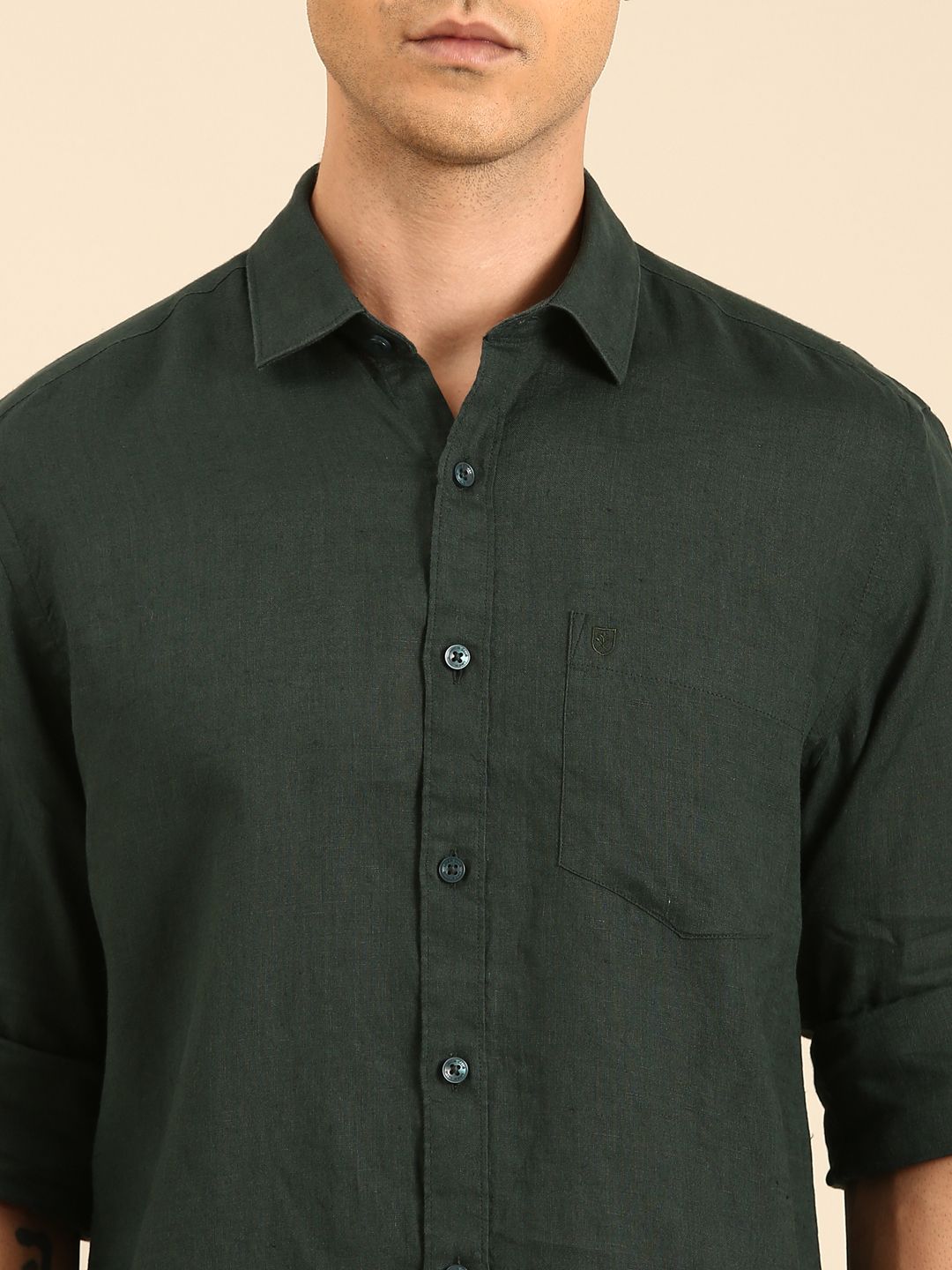 Linen Club Men's Linen Blend Green Solid Contemporary Fit Full Sleeves Casual Shirt