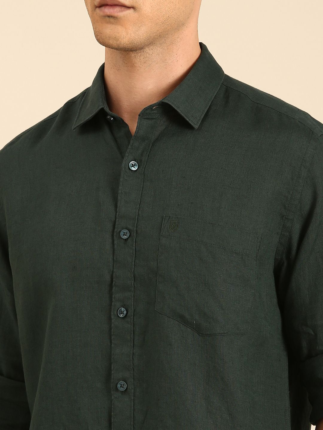 Linen Club Men's Linen Blend Green Solid Contemporary Fit Full Sleeves Casual Shirt