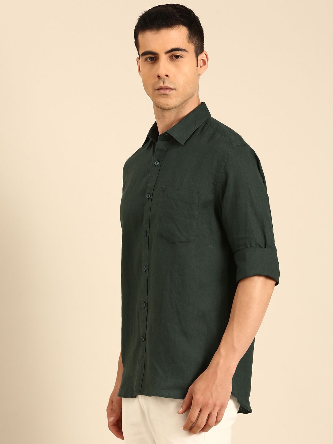 Linen Club Men's Linen Blend Green Solid Contemporary Fit Full Sleeves Casual Shirt