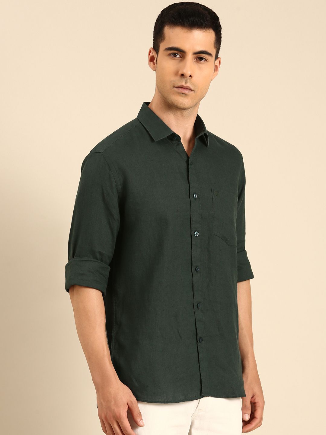 Linen Club Men's Linen Blend Green Solid Contemporary Fit Full Sleeves Casual Shirt