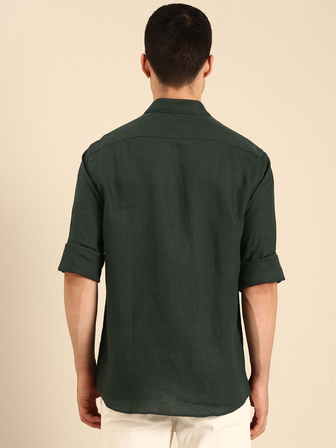 Linen Club Men's Linen Blend Green Solid Contemporary Fit Full Sleeves Casual Shirt