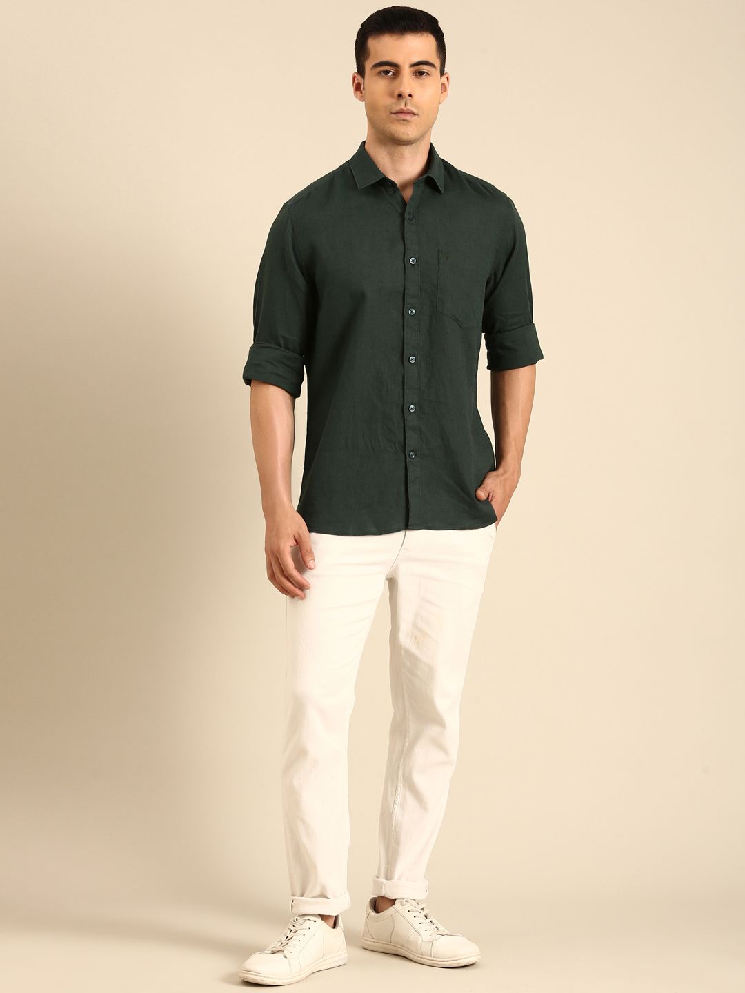 Linen Club Men's Linen Blend Green Solid Contemporary Fit Full Sleeves Casual Shirt