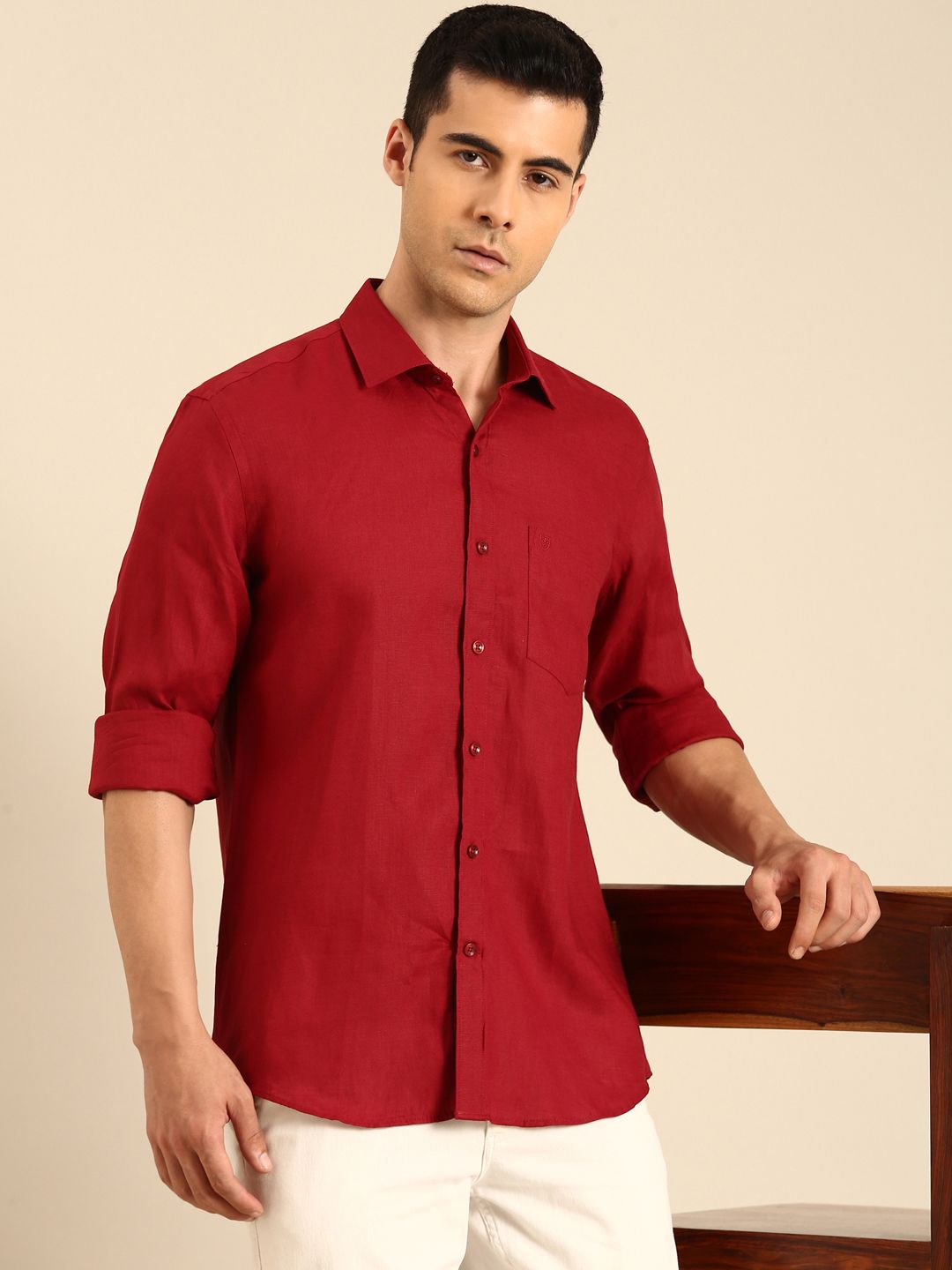 Linen Club Men's Linen Blend Deep Wine Solid Contemporary Fit Full Sleeves Casual Shirt