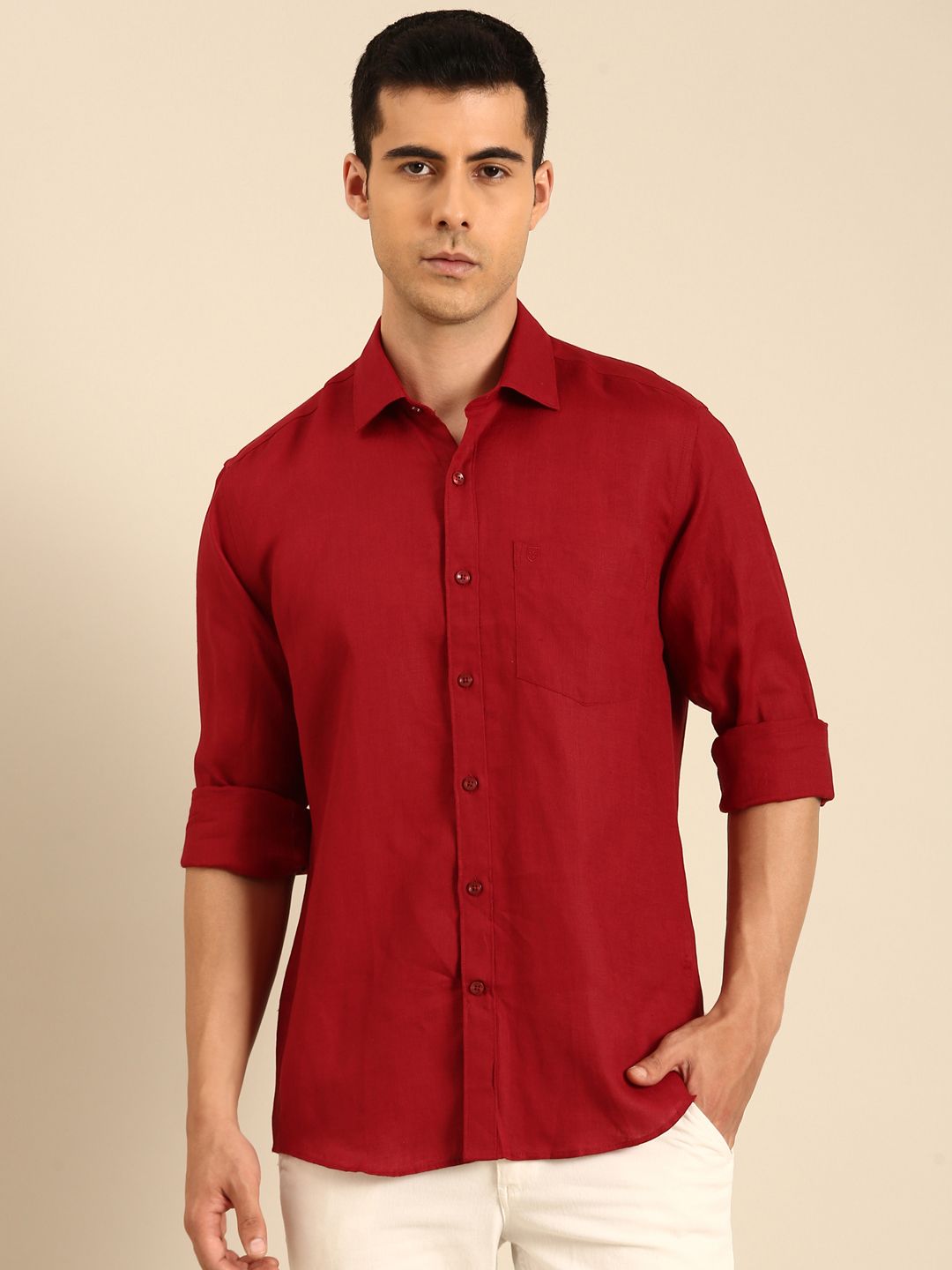 Linen Club Men's Linen Blend Deep Wine Solid Contemporary Fit Full Sleeves Casual Shirt
