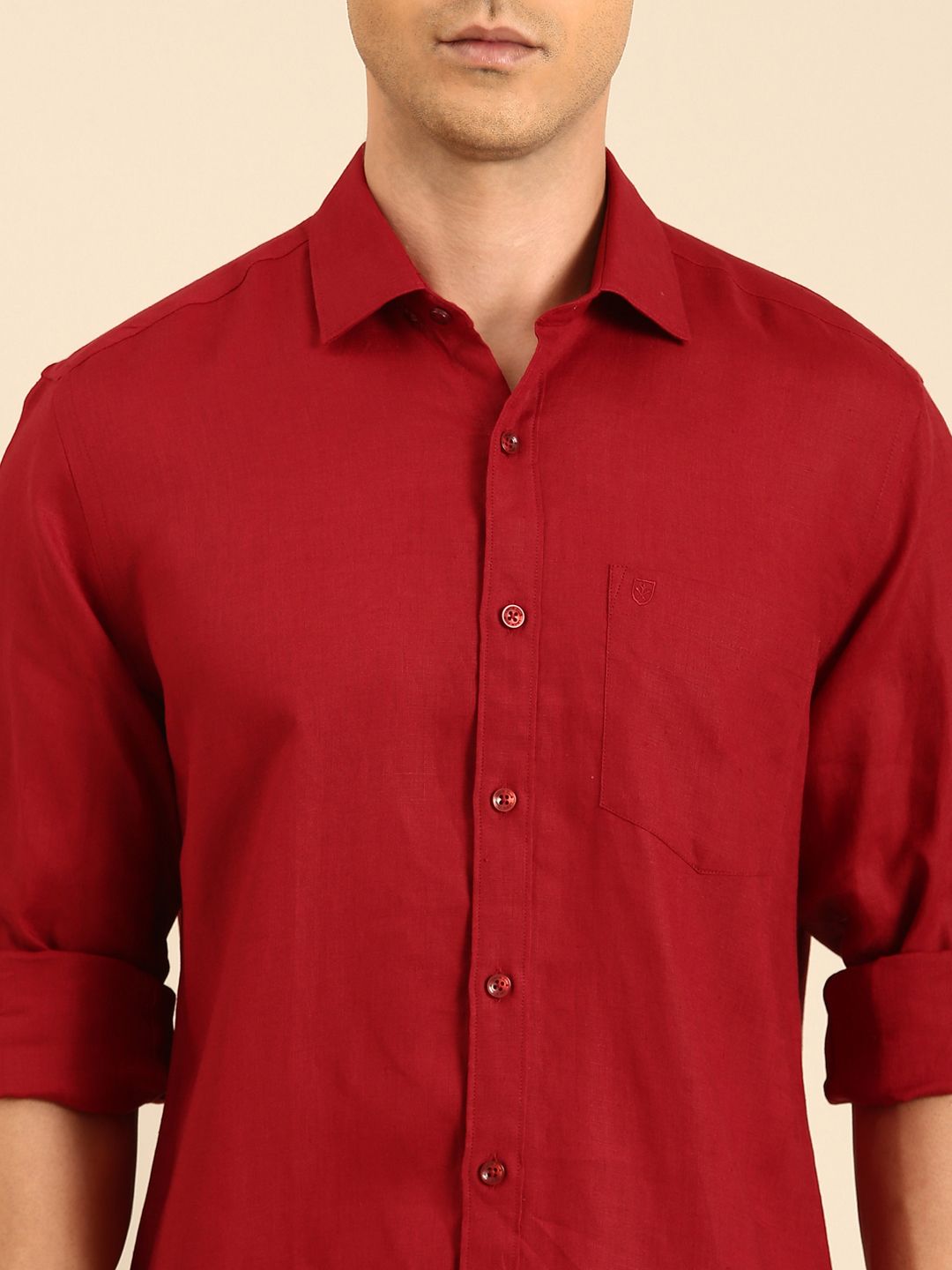 Linen Club Men's Linen Blend Deep Wine Solid Contemporary Fit Full Sleeves Casual Shirt