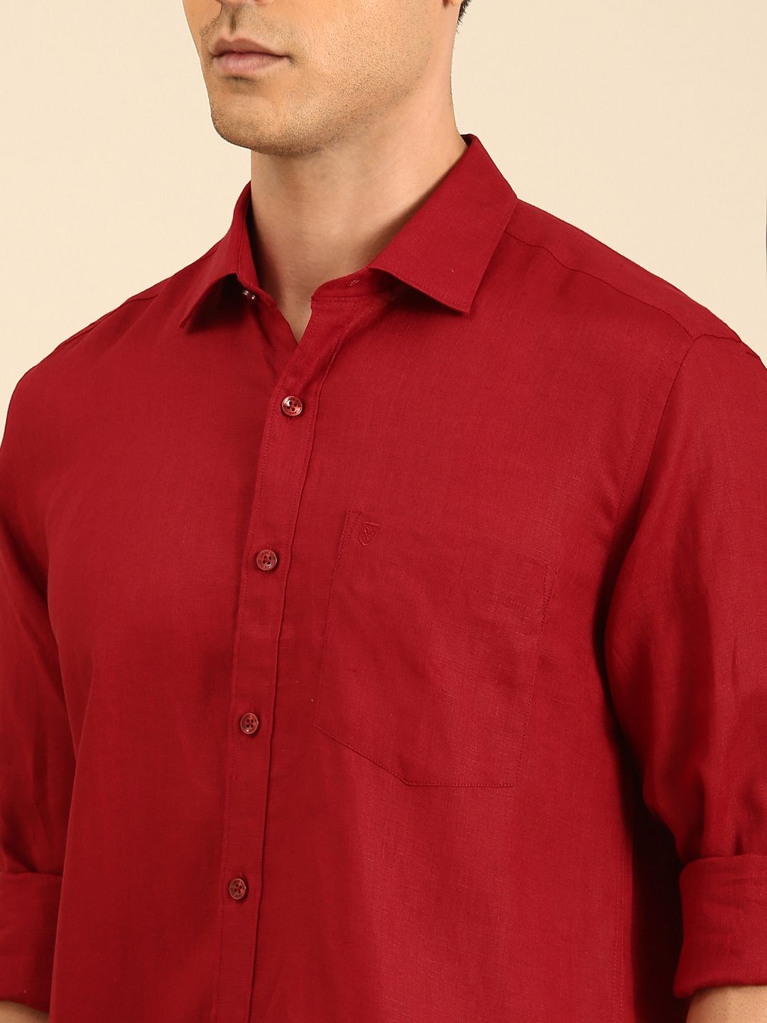 Linen Club Men's Linen Blend Deep Wine Solid Contemporary Fit Full Sleeves Casual Shirt