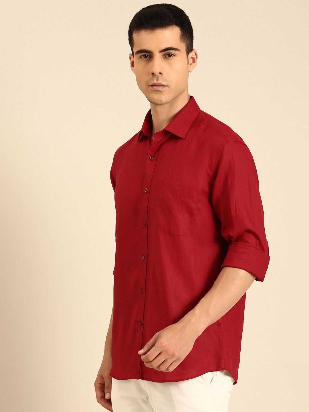 Linen Club Men's Linen Blend Deep Wine Solid Contemporary Fit Full Sleeves Casual Shirt
