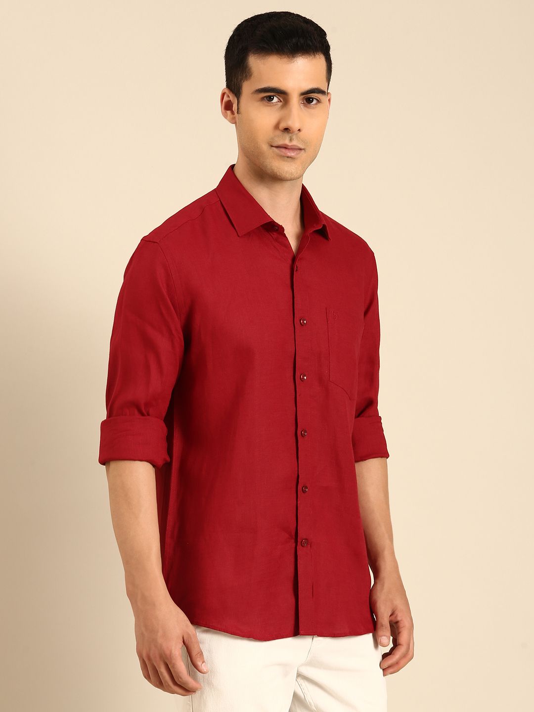 Linen Club Men's Linen Blend Deep Wine Solid Contemporary Fit Full Sleeves Casual Shirt