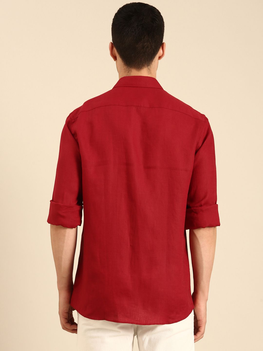 Linen Club Men's Linen Blend Deep Wine Solid Contemporary Fit Full Sleeves Casual Shirt