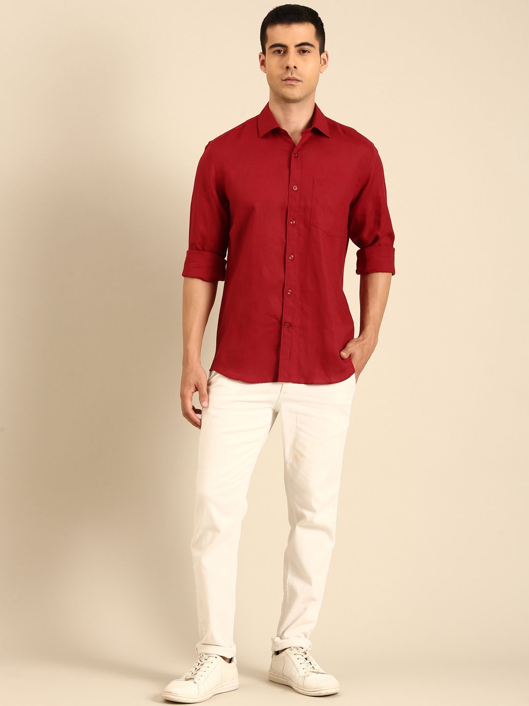 Linen Club Men's Linen Blend Deep Wine Solid Contemporary Fit Full Sleeves Casual Shirt