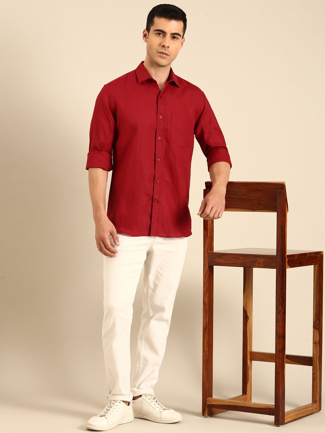 Linen Club Men's Linen Blend Deep Wine Solid Contemporary Fit Full Sleeves Casual Shirt