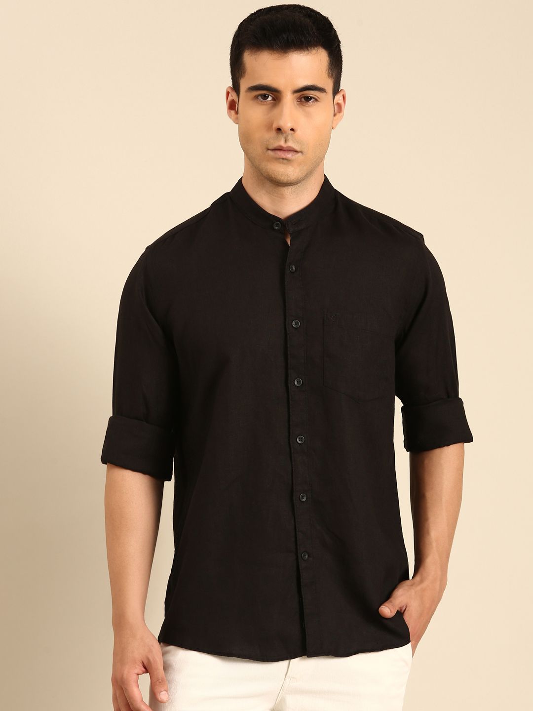 Linen Club Men's Linen Blend Black Solid Contemporary Fit Full Sleeves Casual Shirt
