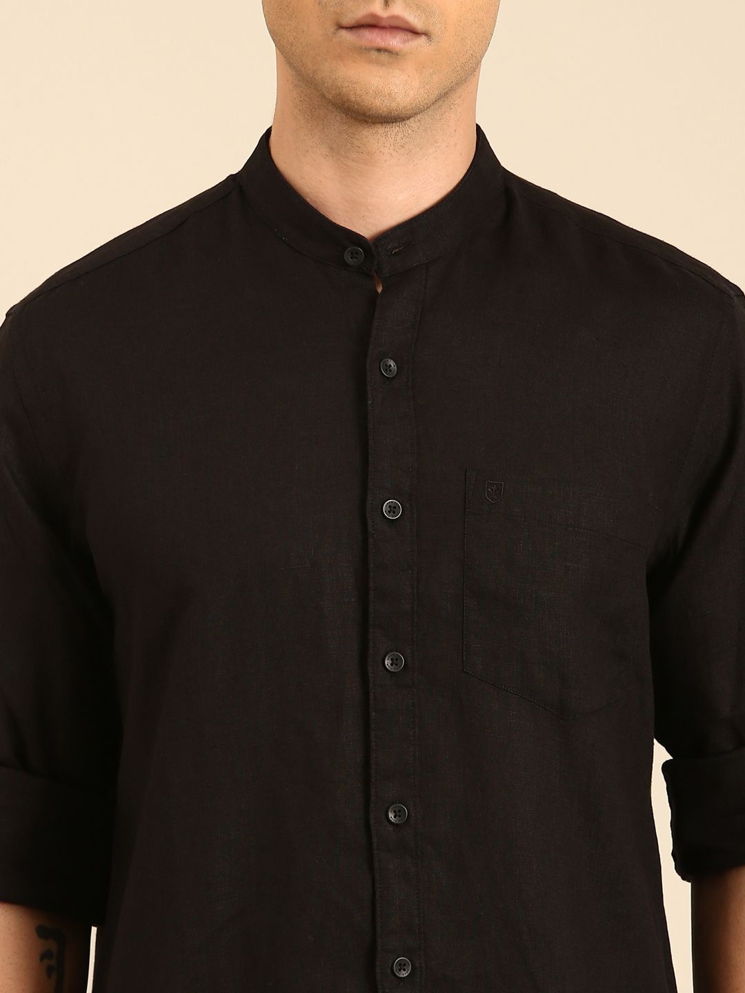 Linen Club Men's Linen Blend Black Solid Contemporary Fit Full Sleeves Casual Shirt