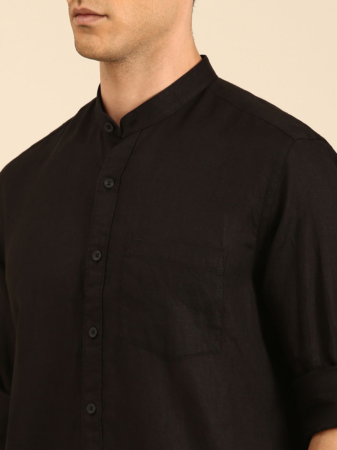 Linen Club Men's Linen Blend Black Solid Contemporary Fit Full Sleeves Casual Shirt