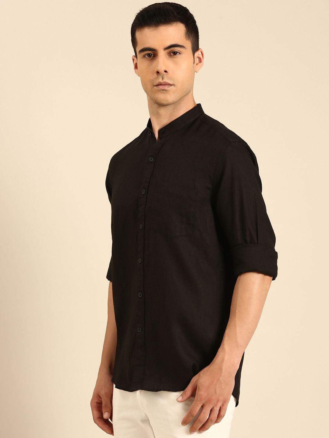 Linen Club Men's Linen Blend Black Solid Contemporary Fit Full Sleeves Casual Shirt