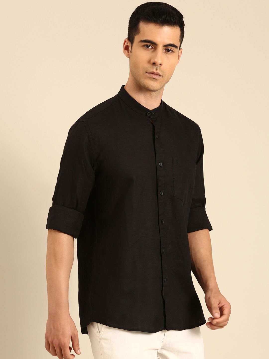 Linen Club Men's Linen Blend Black Solid Contemporary Fit Full Sleeves Casual Shirt