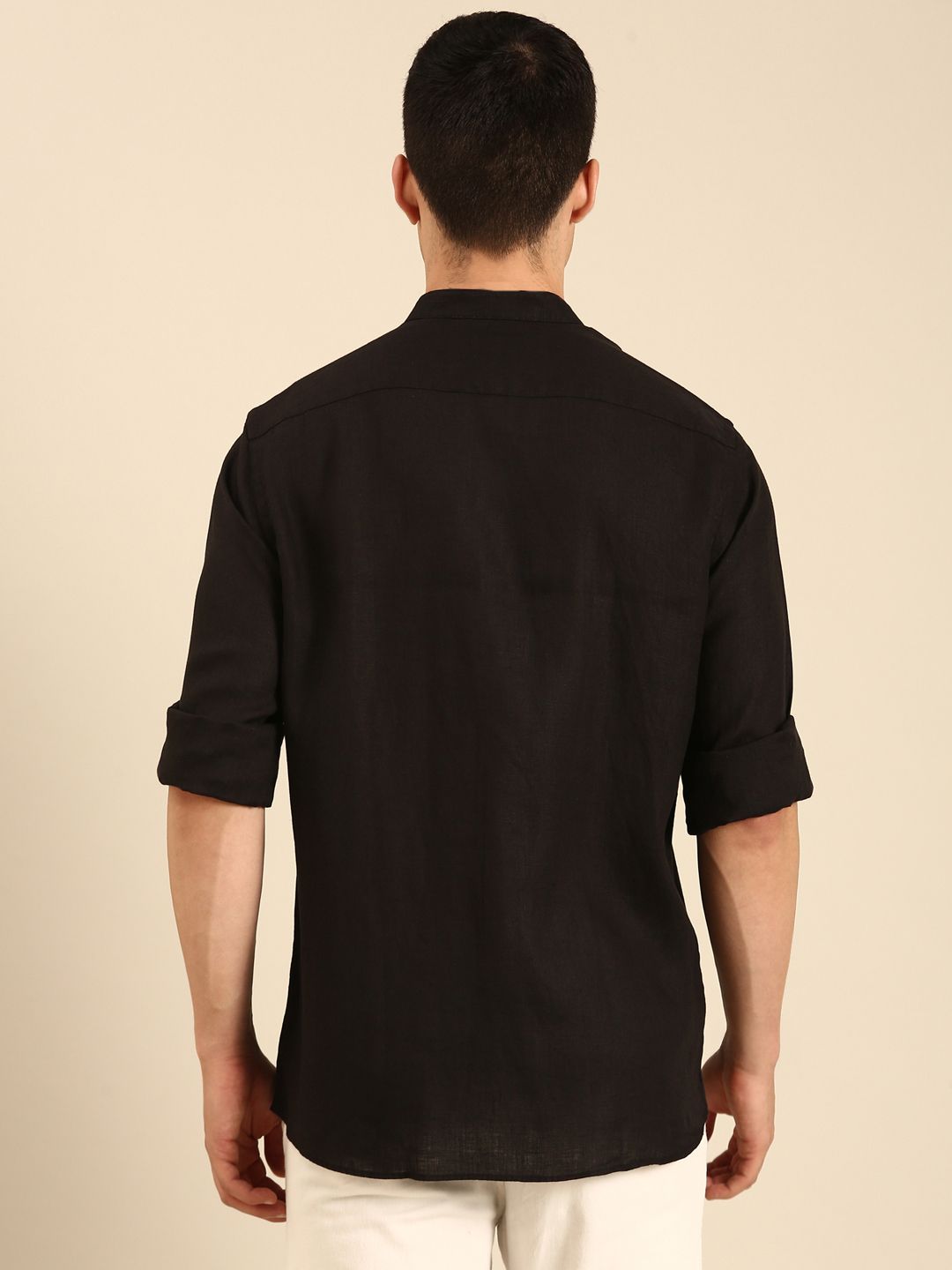 Linen Club Men's Linen Blend Black Solid Contemporary Fit Full Sleeves Casual Shirt