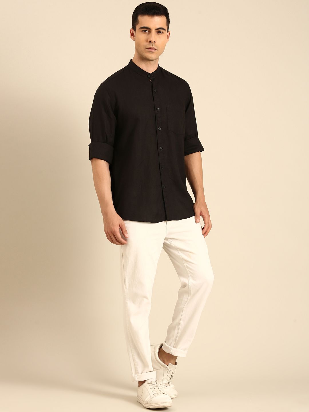 Linen Club Men's Linen Blend Black Solid Contemporary Fit Full Sleeves Casual Shirt