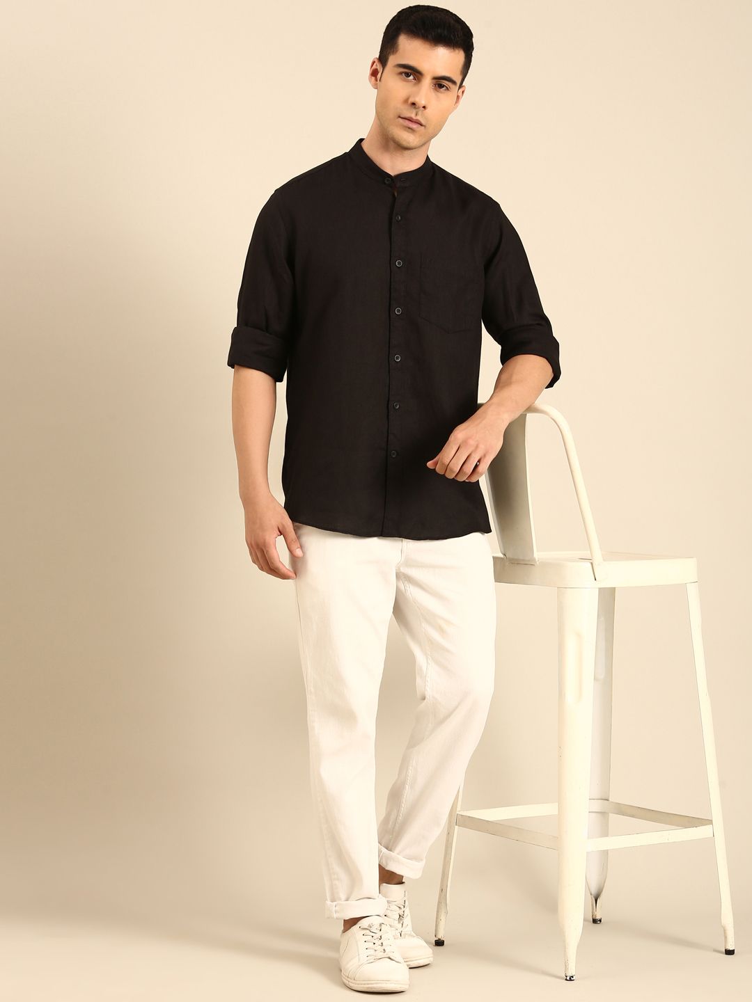 Linen Club Men's Linen Blend Black Solid Contemporary Fit Full Sleeves Casual Shirt