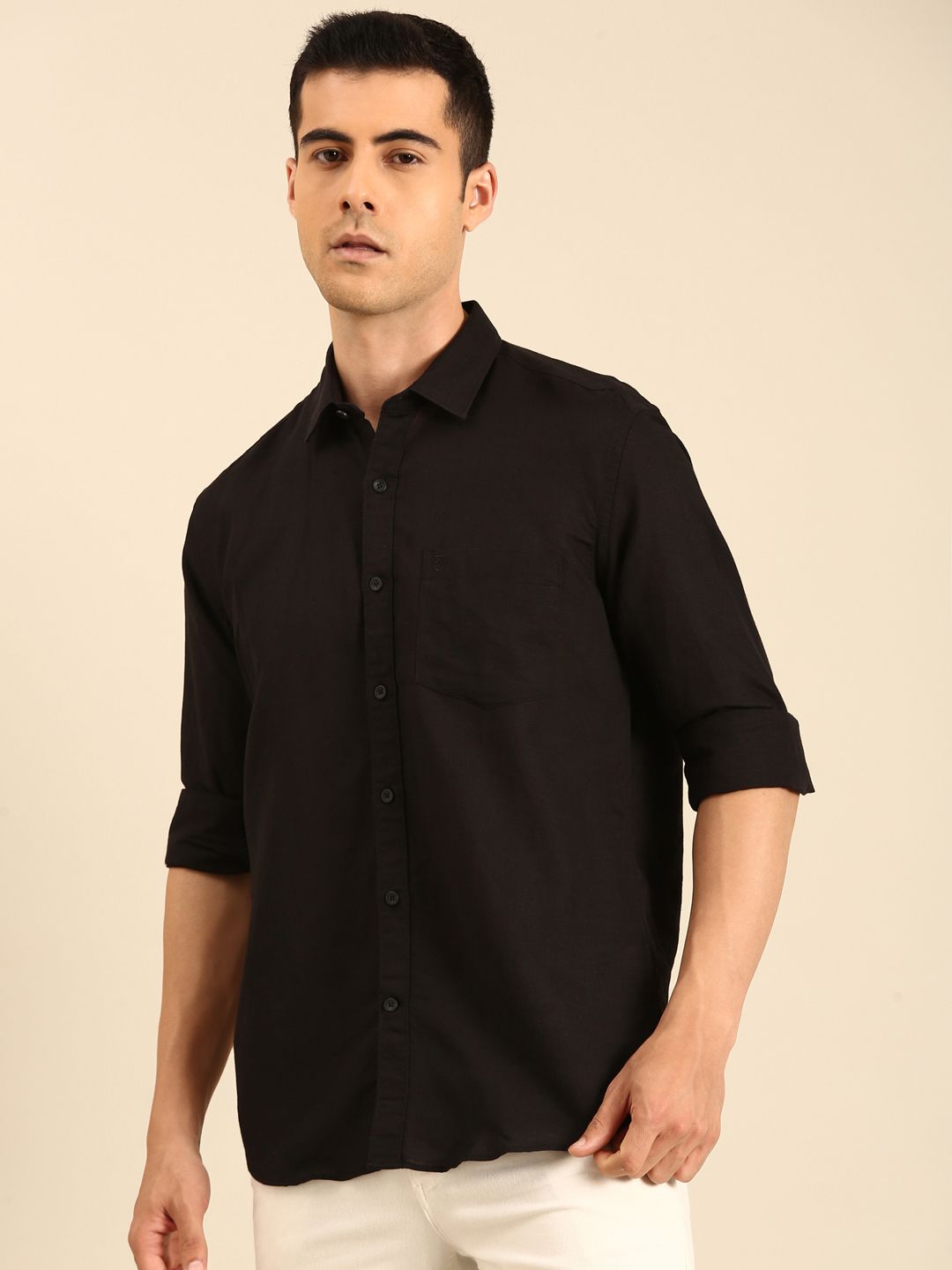 Linen Club Men's Linen Blend Black Solid Contemporary Fit Full Sleeves Casual Shirt