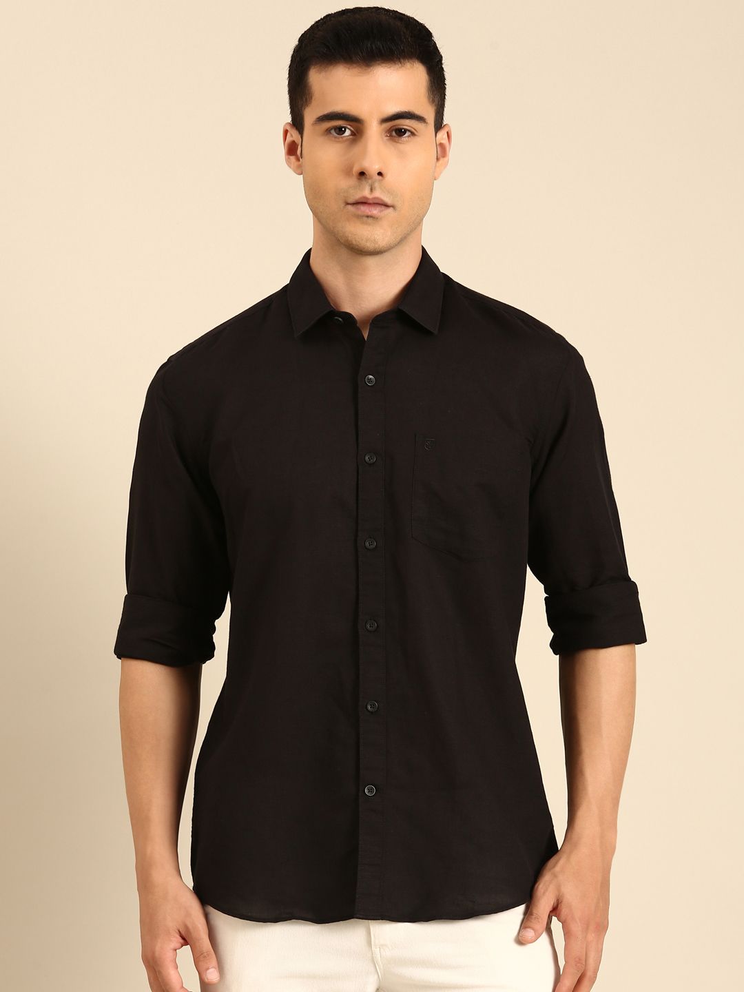 Linen Club Men's Linen Blend Black Solid Contemporary Fit Full Sleeves Casual Shirt