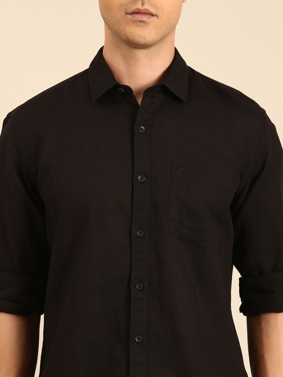 Linen Club Men's Linen Blend Black Solid Contemporary Fit Full Sleeves Casual Shirt