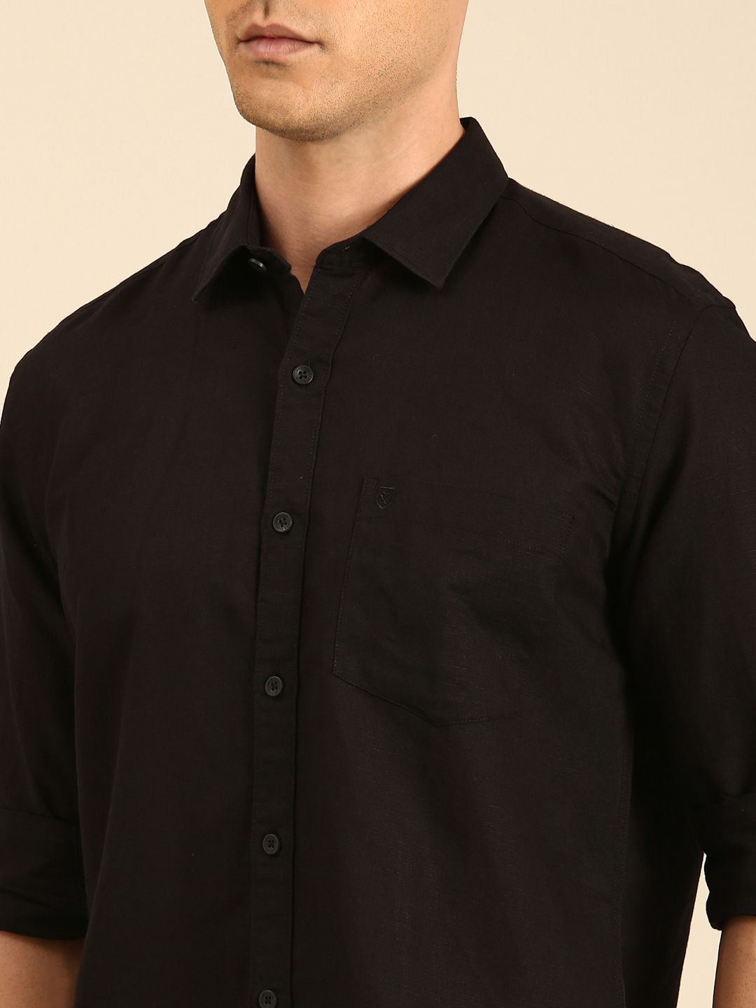 Linen Club Men's Linen Blend Black Solid Contemporary Fit Full Sleeves Casual Shirt