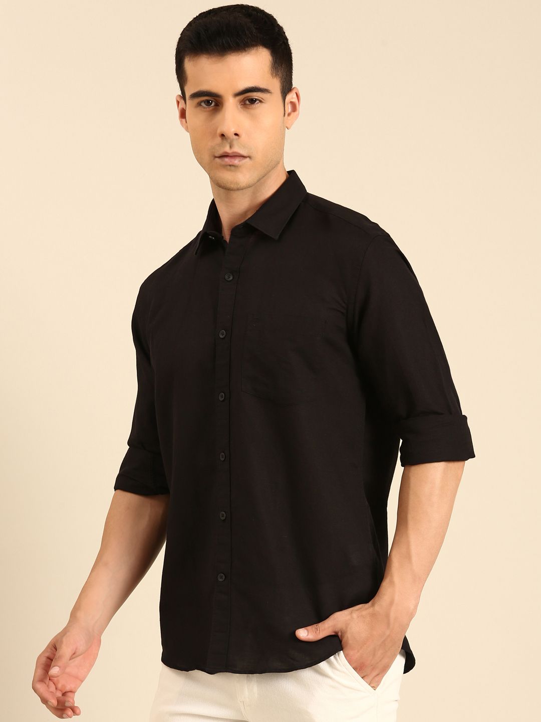 Linen Club Men's Linen Blend Black Solid Contemporary Fit Full Sleeves Casual Shirt